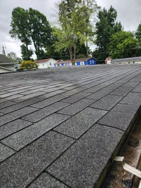 A low-angle view of a grey asphalt shingle roof, with a gutter visible in the foreground and trees and houses in the back.