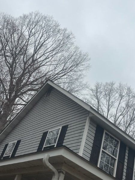 Low-angle shot of the grey-sided gable of a house with black-shuttered windows, set against a backdrop of bare trees.